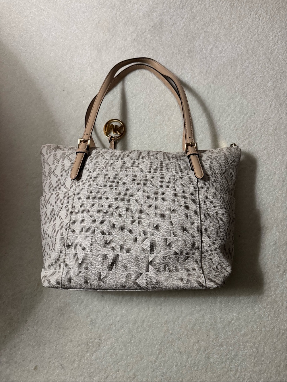 Michael Kors Beige Taupe MK Logo Tote with Tan Handles - Picture 2 of 7